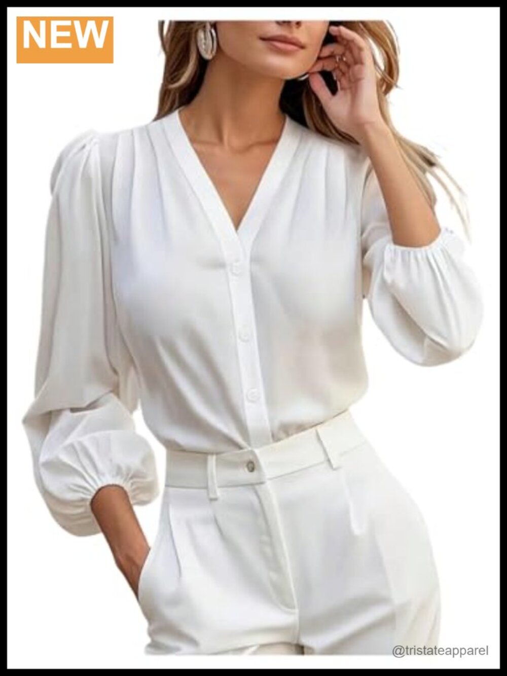 Women's Long Sleeve Ruched V-Neck Button Down Blouse
